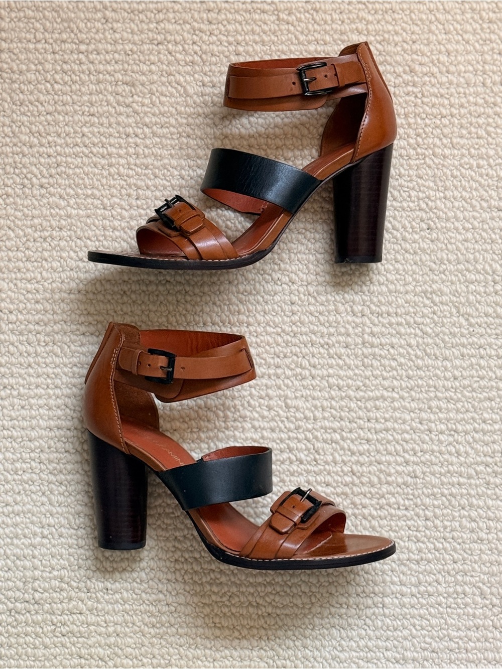 Rebecca Minkoff Tan Leather Block Heel Sandals with Black Strap